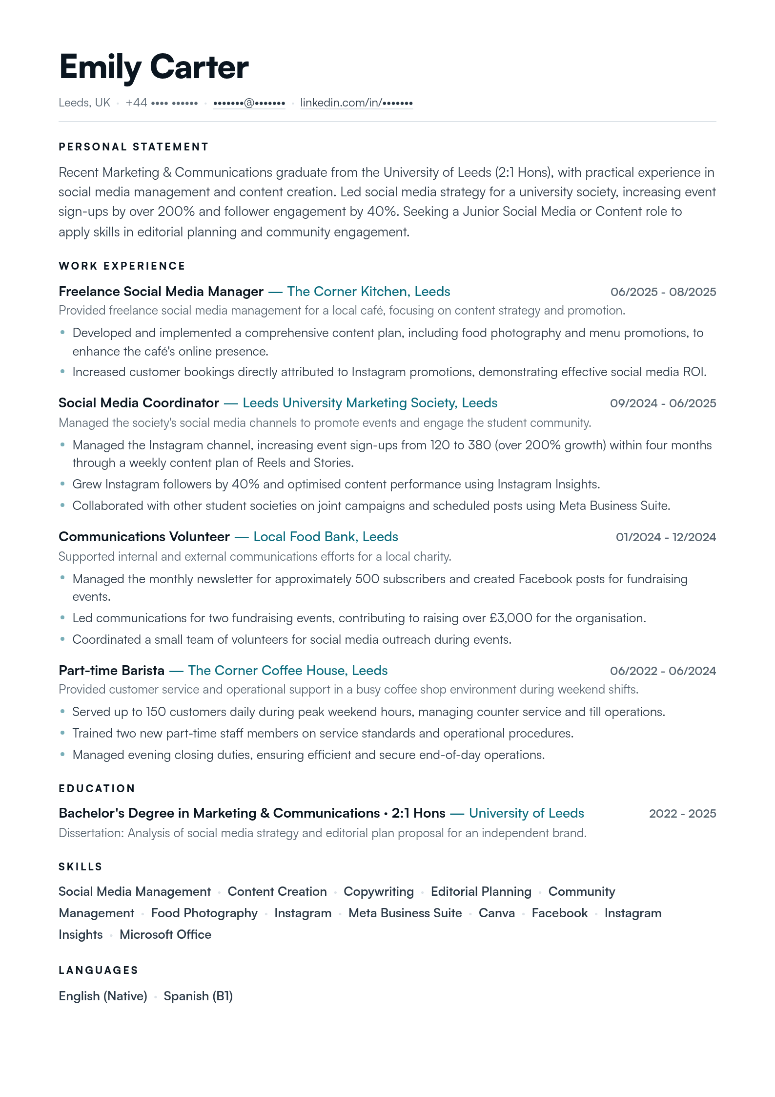 Example CV generated by Bravo CV: Emily Carter, Junior Social Media and Content, single-column ATS-safe layout